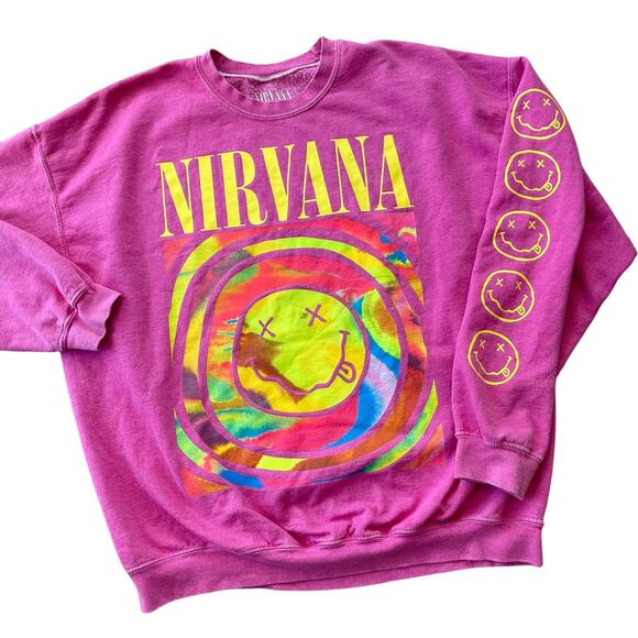 Nirvana Sweatshirt Women's Oversized S/M Pink Graphic Print Crew Neck Pullover - Picture 1 of 9